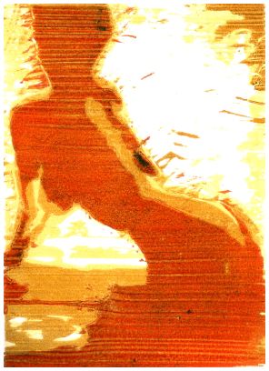 Michael Daum, Am Fenster ( in rot), 2003, Farbholzschnitt auf Papier, 25,0 cm x 35,0 cm