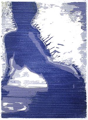 Michael Daum, Am Fenster ( in blau), 2003, Farbholzschnitt auf Papier, 25,0 cm x 35,0 cm