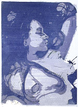 Michael Daum, Liegende ( in blau), 2003, Farbholzschnitt auf Papier, 25,0 cm x 35,0 cm
