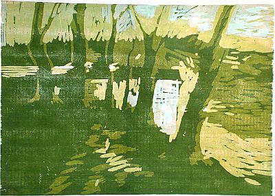 Michael Daum, Landschaft mit B&auml;umen( Verlorene Platte ), 1997, Farbholzschnitt  auf Papier, 70,0 cm x 50,0 cm