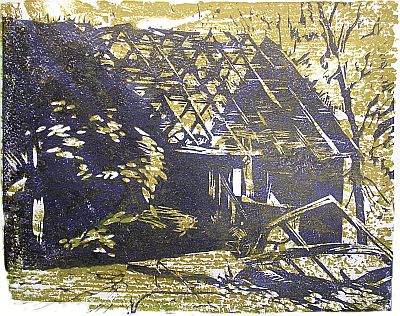 Michael Daum, Die Scheune, 1994, Farbholzschnitt auf Papier, 70,0 cm x 50,0 cm