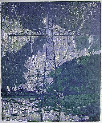 Michael Daum, Der Strommast, 1994, Farbholzschnitt auf Papier, 50,0 cm x 70,0 cm