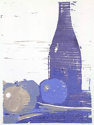 Michael Daum, Äpfel und Flasche ( in Blau), 2004, Farbholzschnitt auf Papier, 25,0 cm x 35,0 cm