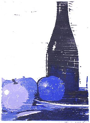 Michael Daum, Äpfel und Flasche ( in Dunkelblau), 2004, Farbholzschnitt auf Papier, 25,0 cm x 35,0 cm