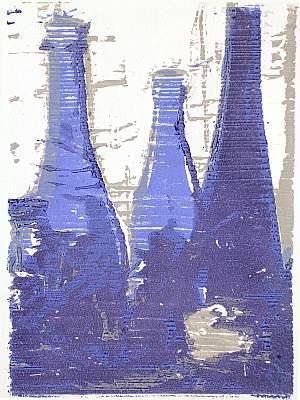 Michael Daum, Flaschen ( in blau), 2004, Farbholzschnitt auf Papier, 25,0 cm x 35,0 cm