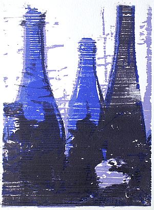 Michael Daum, Flaschen ( in Dunkelblau), 2004, Farbholzschnitt auf Papier, 25,0 cm x 35,0 cm