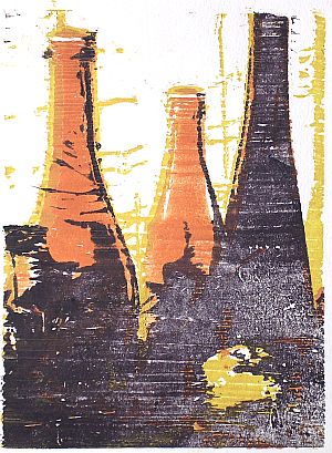 Michael Daum, Bottles (in red), 2004, coloured woodcut on paper, 9.8 in. by 13.8 in.