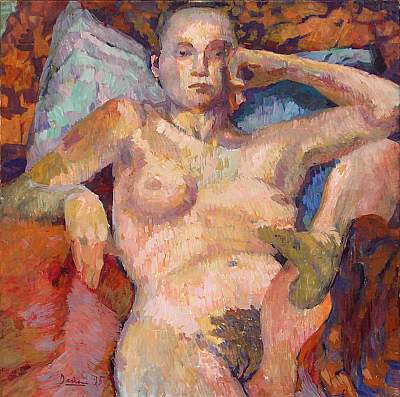 Michael Daum, Front view of female nude, 1996, egg tempera on canvas, 27.6 in. by 27.6 in.