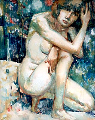 Michael Daum, Kauernder Akt vor Blau, 2001, Eitempera auf Leinwand, 80,0 cm x 100,0 cm