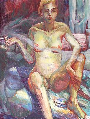 Michael Daum, Akt, rauchend im Bett, 2001, Eitempera auf Leinwand, 100,0 cm x 130,0 cm