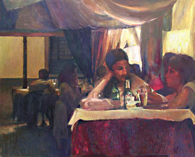Michael Daum, Im Restaurant, 2008, Eitempera auf Leinwand, 100,0 cm x 80,0 cm