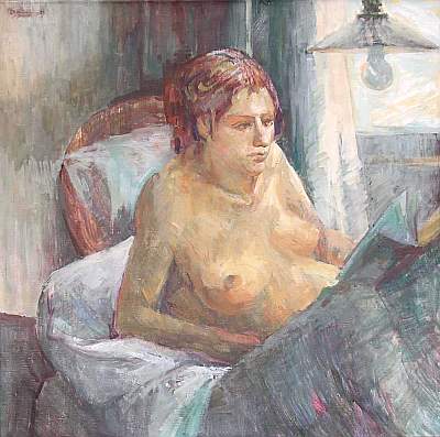 Michael Daum, Lesender Akt, 2001, Eitempera auf Leinwand, 85,0 cm x 85,0 cm