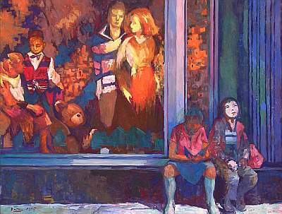 Michael Daum, The showcase, 1995, egg tempera on canvas, 51.2 in. by 39.4 in.