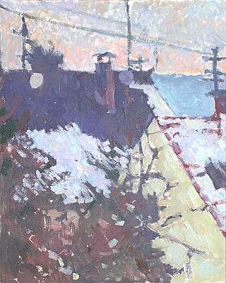 Michael Daum, Schnee auf Dächern, 1994, Öl auf Hartfaser, 44,0 cm x 49,0 cm
