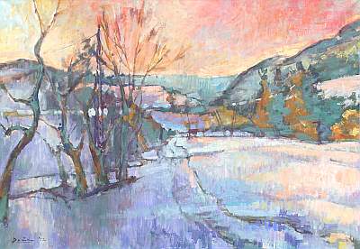 Michael Daum, Winterabend in Tirol, 2002, Eitempera auf Leinwand, 100,0 cm x 70,0 cm