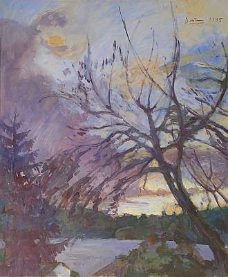 Michael Daum, Winterabend I, 1995, Kaseinmalerei auf Pappe, 80,0 cm x 96,0 cm