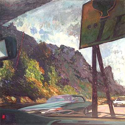 Michael Daum, Autofenster, 1995, Eitempera auf Leinwand, 100,0 cm x 100,0 cm