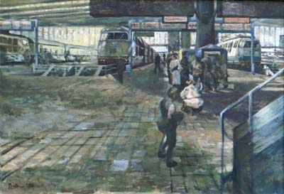 Michael Daum, Münchner Hauptbahnhof, 1993, Eitempera auf Leinwand, 130,0 cm x 90,0 cm