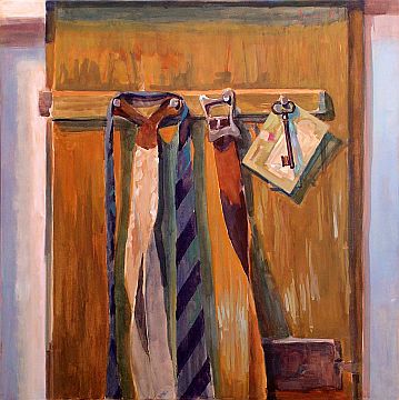 Michael Daum, Schrankt&uuml;r mit Krawatte, 2000, Gummitempera auf Papier, 70,0 cm x 70,0 cm