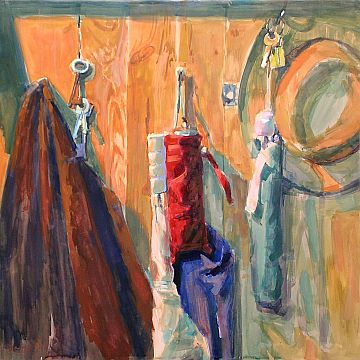Michael Daum, Regenschirme und Schlüssel, 2000, Gummitempera auf Papier, 70,0 cm x 70,0 cm