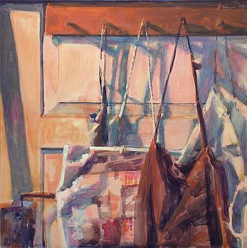 Michael Daum, Umh&auml;ngtaschen vor T&uuml;r, 2000, Gummitempera auf Papier, 70,0 cm x 70,0 cm