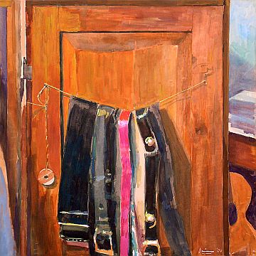 Michael Daum, Schrankt&uuml;r mit Zedernholzring, 2000, Gummitempera auf Papier, 70,0 cm x 70,0 cm